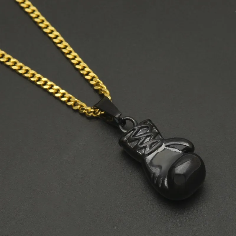 Collana Hip Hop da uomo Gioielli Collane con ciondolo guantoni da boxe neri in acciaio inossidabile con catena cubana in oro da 3 mm 60 cm207v