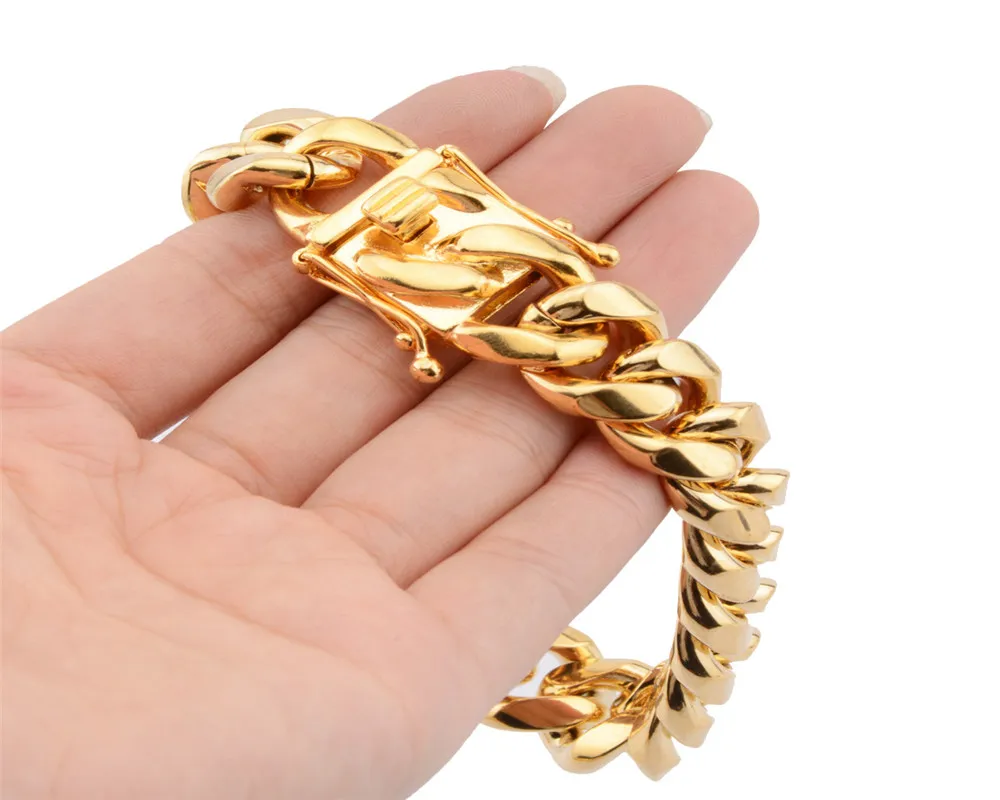 8mm/10mm/12mm/14mm/16mm/18mm Mens 18K Gold Plated Stainless Steel Bracelets High Polished  Cuban Link Punk Curb Gold Bracelets