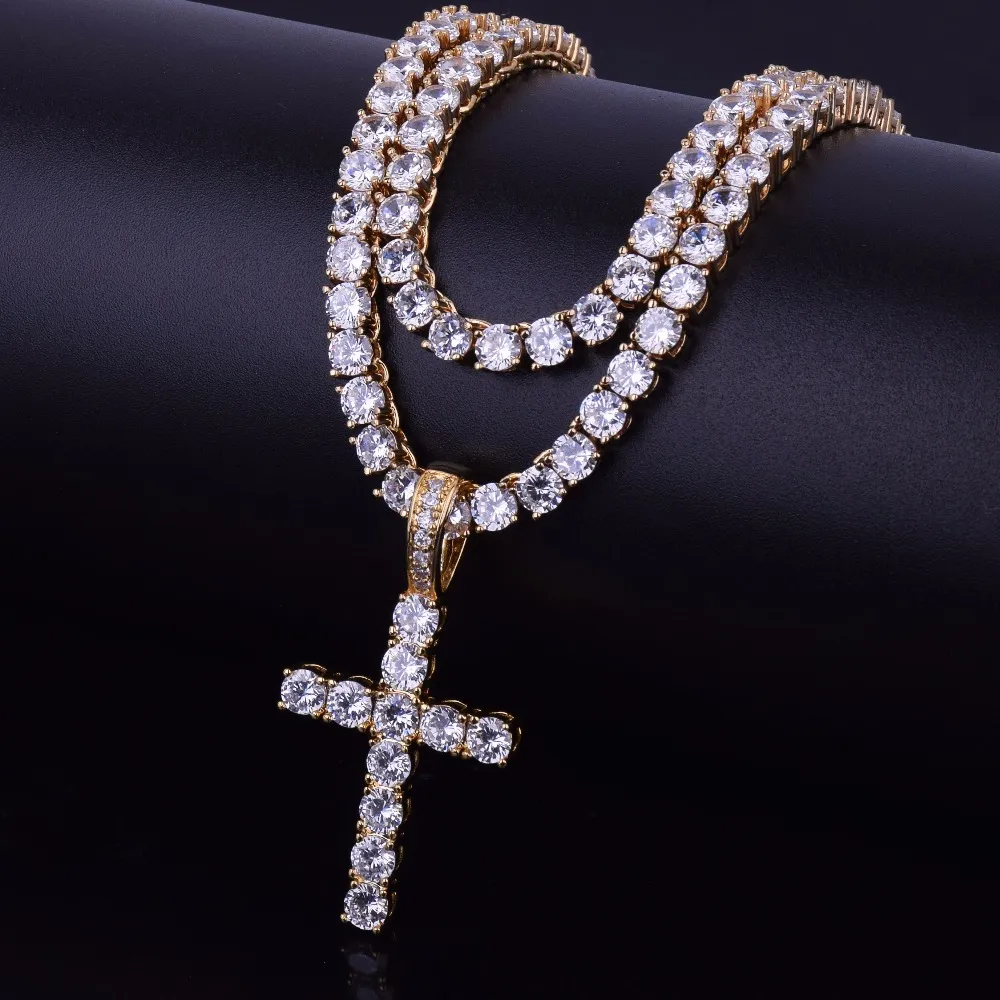 Iced Out Zircon Cross Pendant with 4mm tennis chain necklace stet مجموعة من المجوهرات الهيب هوب للرجال الذهب الفضة CZ NETLACE281R