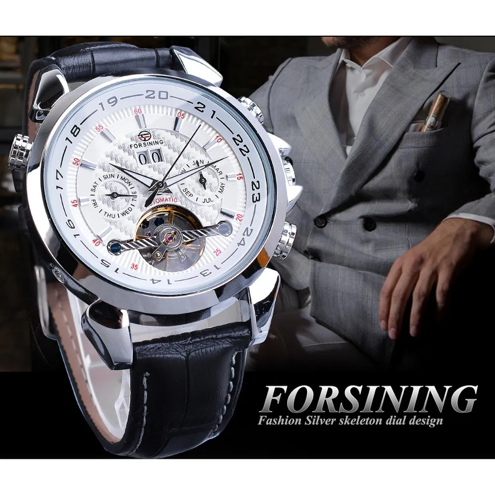 Forsining Blanc Tourbillon Mécanique Hommes Montres Calendrier Automatique Squelette En Cuir Véritable Ceintures Montre-Bracelet Relogio Masculino261s