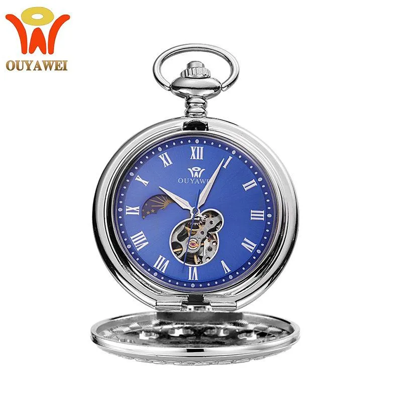 OUYAWEI Mechanical Pocket Watch Mężczyźni Najwyższa jakość Vintage Cutout Perspektywa dolna okładka Podręcznikowe kręte kieszonkowe bransoletka