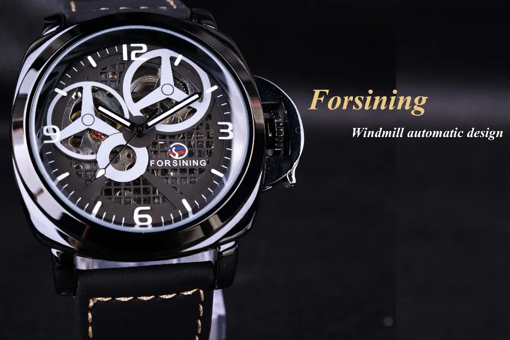 Forsining Full Black Watch szkielet szkieletowy Windmill Designer zamsz pasek wojskowy Zegarek Watch Watch Top Marka luksusowy automatyczny nadgarstek W301I