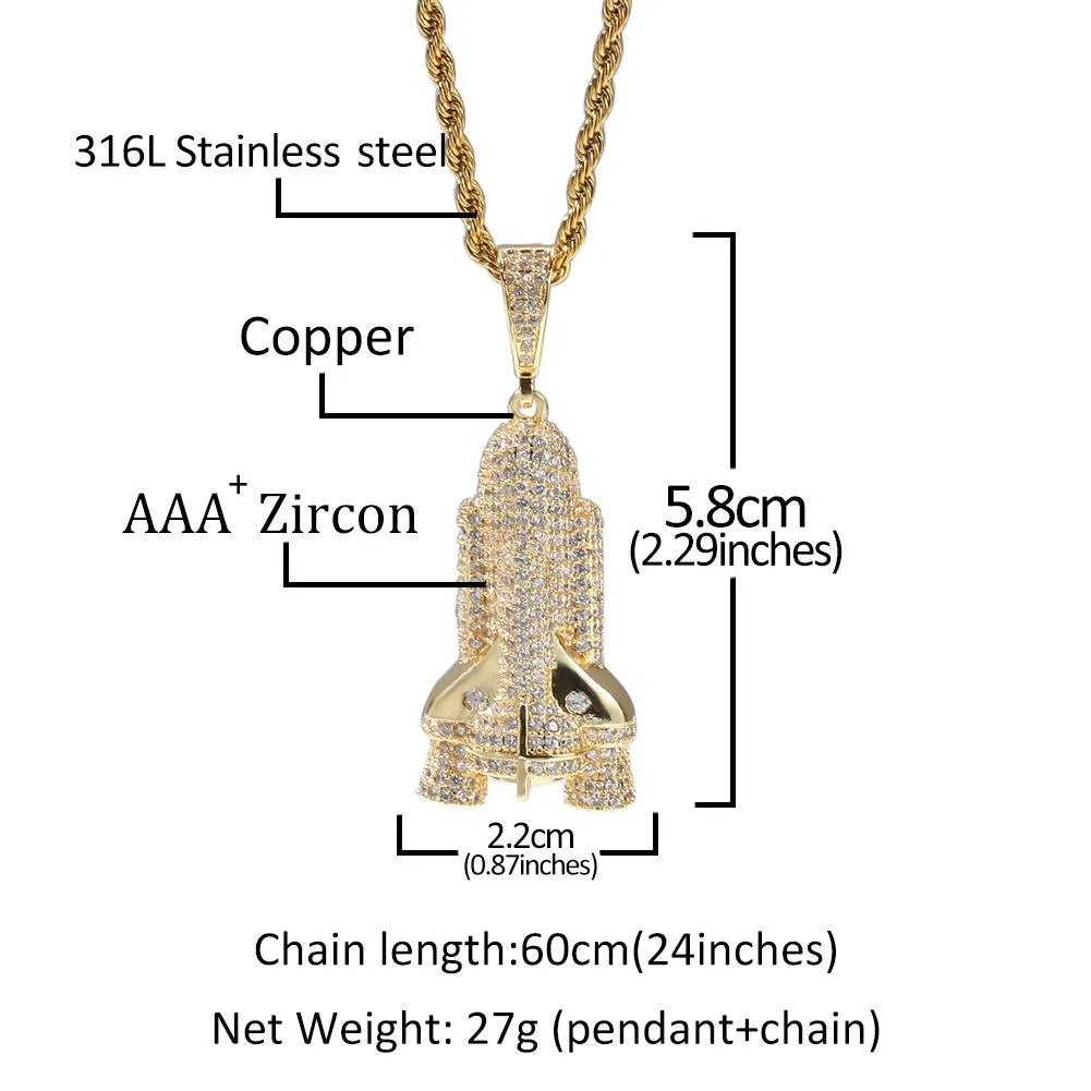 New Fashion personalized guys Gold Plated Mens Bling Rocket Ship Pendant Necklace Chains Hip Hop Iced Out Rock Rapper Jewelry Gift342u