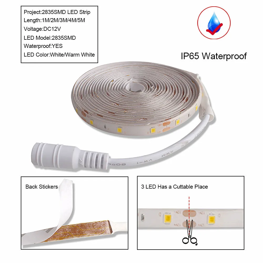 5M LED light Strip Waterproof 2835 Ribbon LED Strip Dimmable Touch Sensor Switch 12V Power Supply For Under Cabinet Kitchen Lamp (6)