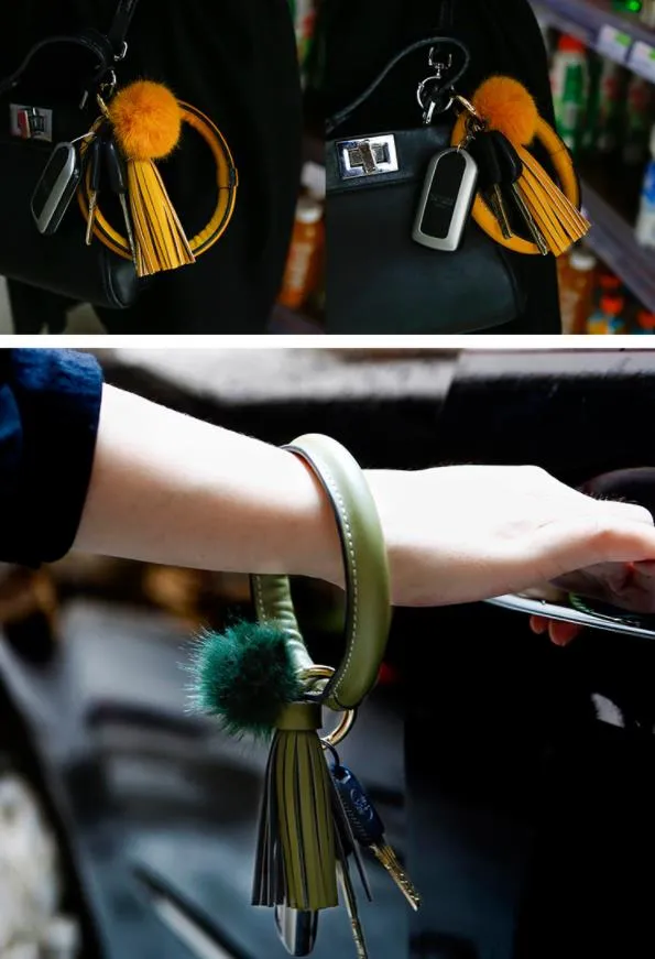 2020 Nieuwe Pu Lederen Armband Sleutelhangers Cirkel Leuke Effen Kleur Bont Pompom Kwastje Polsbandje Sleutelhanger Voor Vrouwen Meisjes Jewellery234E