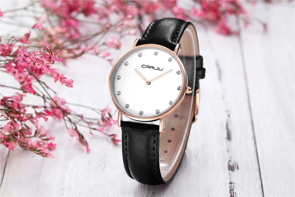 CRRJU Frauen Luxus Strass Quarz Uhren Dame Ultra-dünne Mode Klassische Kleid Lederband Armbanduhr Relogio Feminino285O
