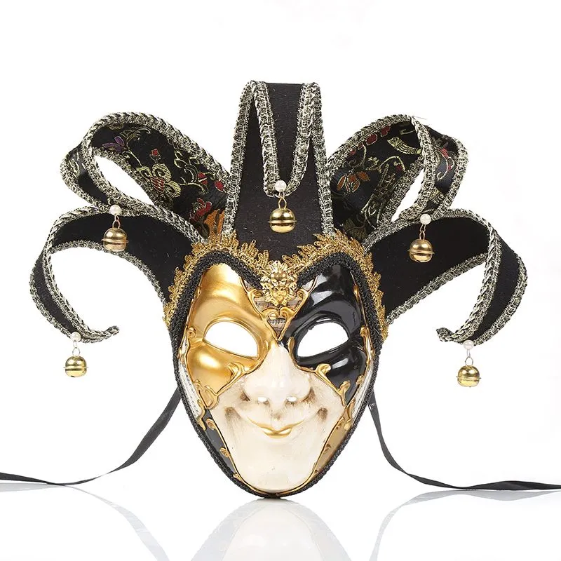 Maski imprezowe pełne twarz mężczyźni kobiety Venetian Theatre Jester Joker Masquerade Mask With Bells Mardi Gras Party Ball Cosplay M282M