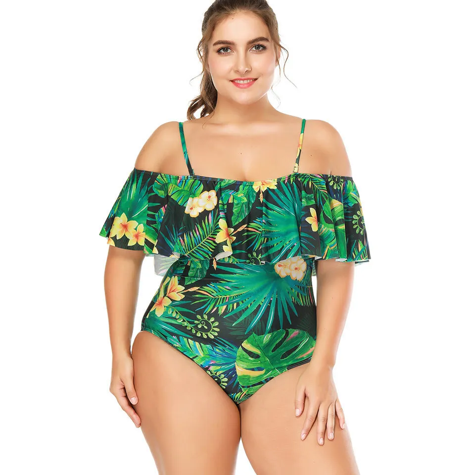 Plus Size Swimsuit 2019 One Piece Floral Bathing Suit for Women Ligh Leaf Beach Swimming Vintage Bather Kobieta Szybkość kąpielowa 31985076981352