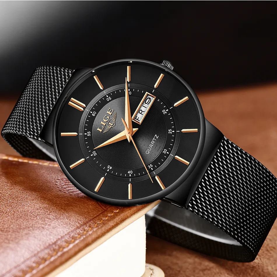Męskie zegarki lige najlepsze marka luksusowy wodoodporny ultra cienki zegar daty samiec stalowy pasek swobodny kwarc zegarek sportowy zegarek na nadgarstek CJ270E