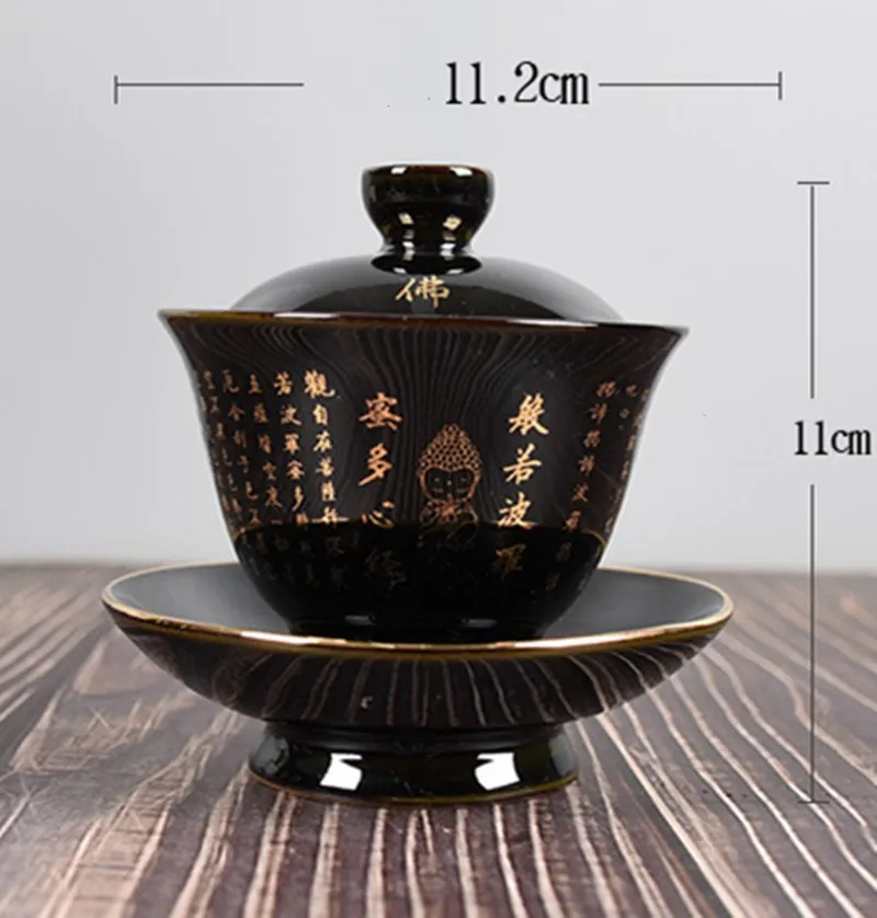 Cerámica Zen Gaiwan Buda esmaltado porcelana té sopera Color azul y negro creativo Vintage Kung Fu tazón taza y platillo 197x