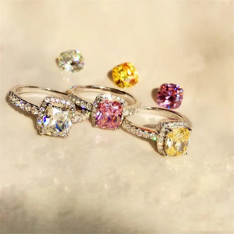 Anéis de prata esterlina inteiros para mulheres, casamento, noiva, joias da moda, noivado, cor dourada branca, anillos mujer222w