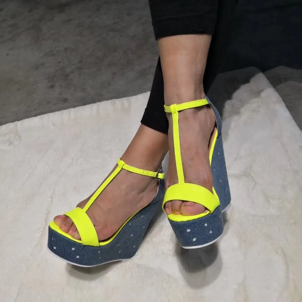 Rontic New Women Platform T-Strap Sandals Sexy Wedges Altos Saltos Sapatos Aberto Toe Amarelo Sapatos Casuais Mulheres Plus Size 5-15