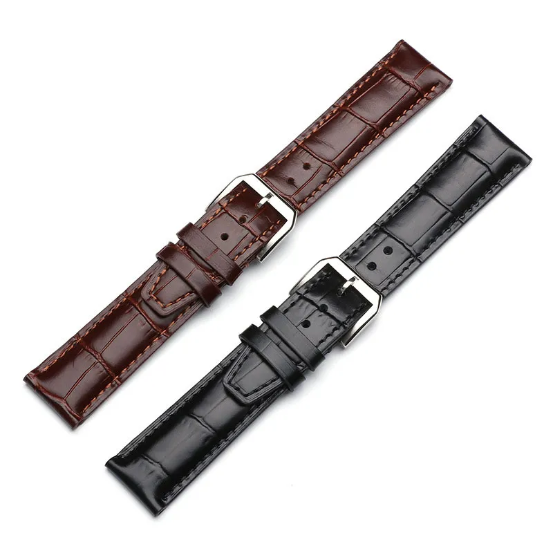 20 21 22mm Watch Band Black Brown Bamboo Grãe Genuíno relógio de couro Strap Strap Aço inoxidável Pino de prata fivela para Portugal pilo1758170