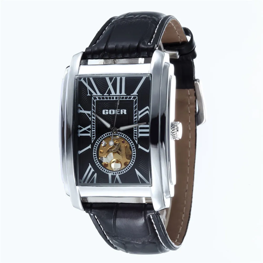 Goer relogio masculino marca superior de luxo esqueleto relógios masculino pulseira couro retângulo relógios de pulso mecânicos automáticos para homem j19227o