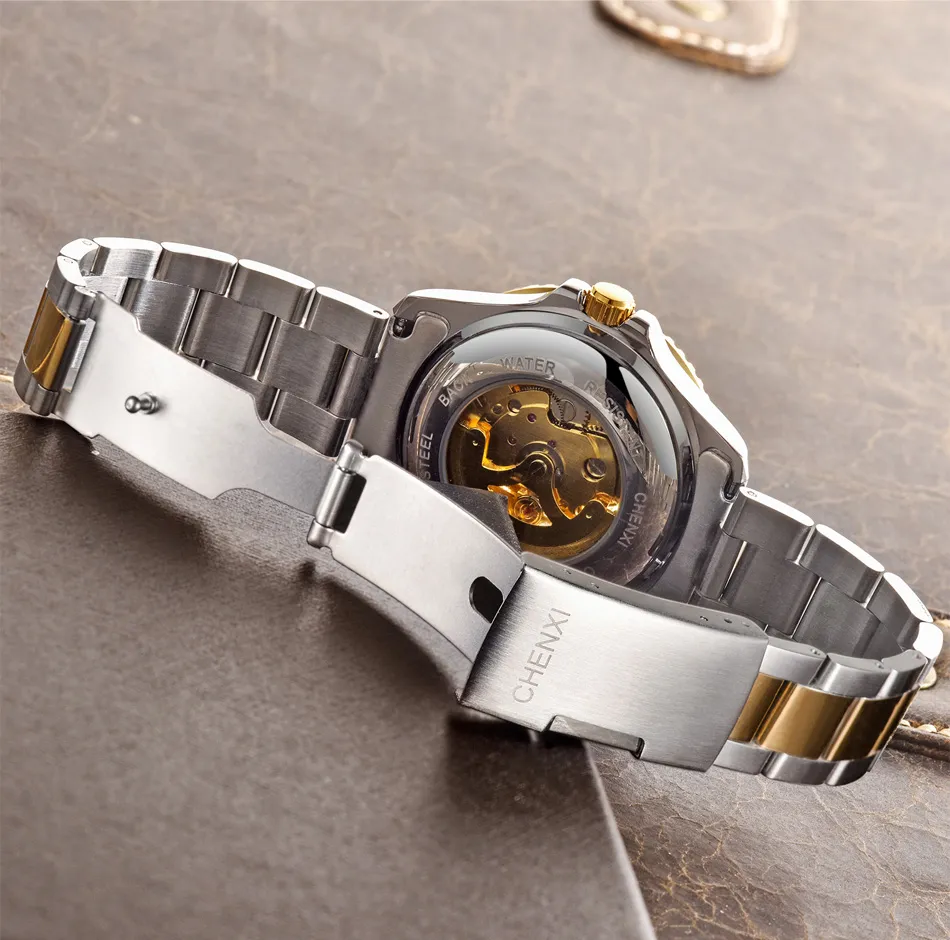 CHENXI Montre-bracelet à mouvement automatique Cadran analogique Face Lunette dorée Bracelet en acier inoxydable 001 Boucle pliante Montre-bracelet d'affaires pour 219A