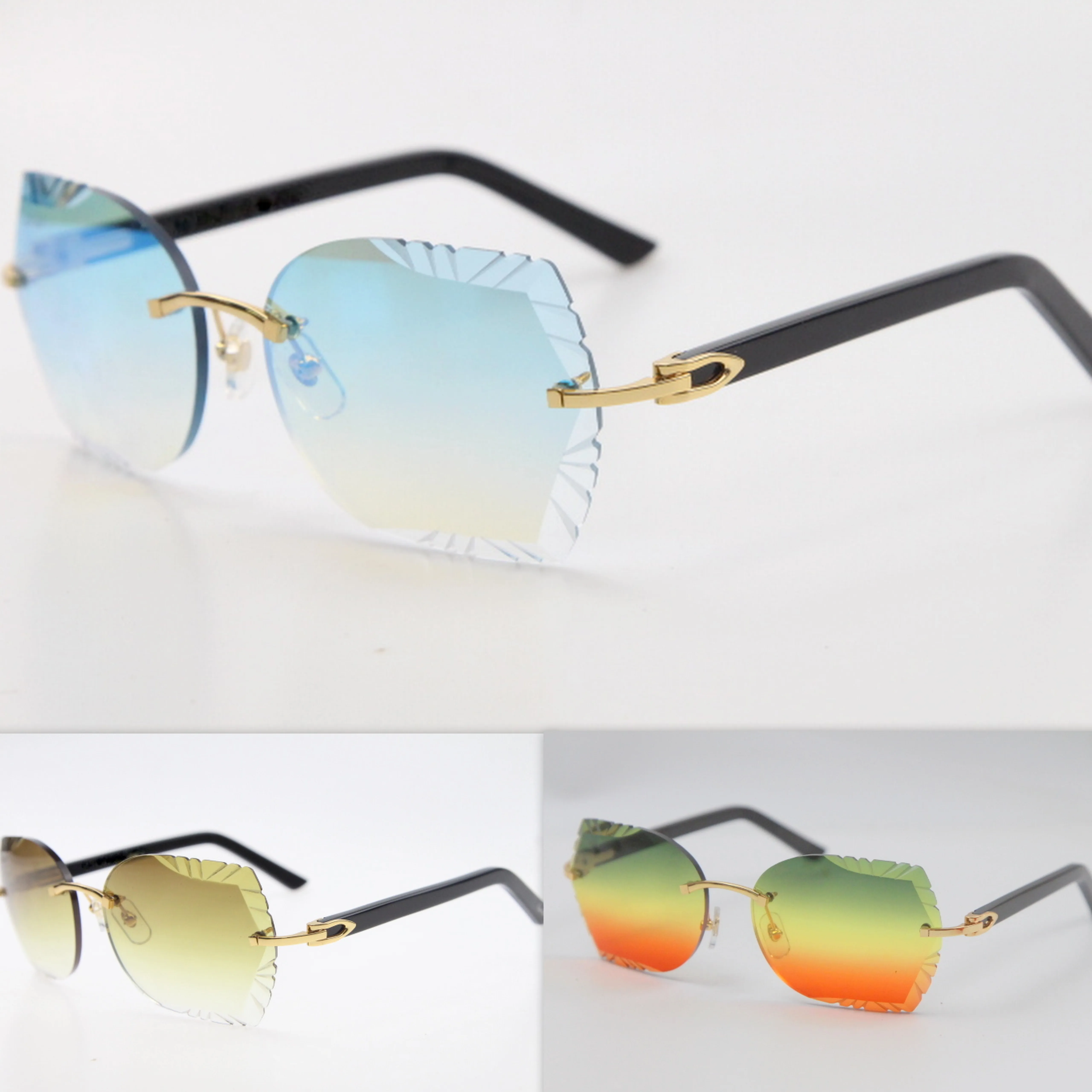 3 0 Thick Carved Lens Sunglasses Rimless Metal Mix Aztec Black Plank Sun glasses Unisex Optical cat eye 18K Gold Frames UV400 Slim2375