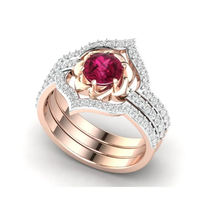 Conjunto requintado 18K Rose Rose Gold Ruby Flower Ring Anniversary Proposta Jóias Mulheres Engajamento Banda de casamento Ring Set Birthday Par296N