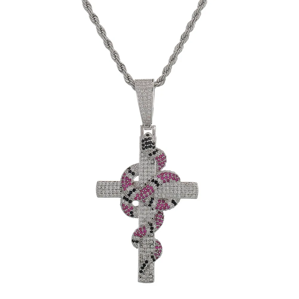 Collier serpent coloré glacé avec pendentif croix, chaîne de Tennis, couleur or, zircone cubique pour hommes, Hip hopJewelry2188