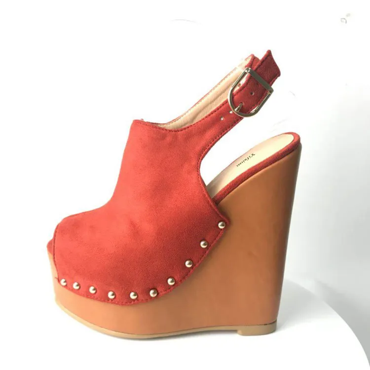 rontic 새로운 여성 플랫폼 샌들 섹시한 리벳 웨지 하이힐 신발 오픈 발톱 검은 오렌지 파티 신발 여성 미국 플러스 사이즈 5-15