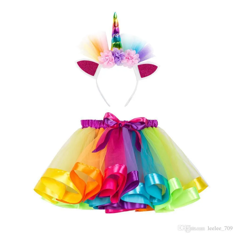 Faldas de tutús de Color arcoíris para niñas pequeñas, diadema de unicornio, conjunto de 2 uds, conjunto de ropa encantadora para bebés, vestido de vacaciones para niños pequeños