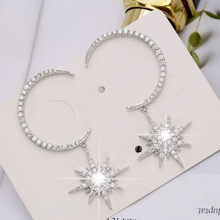 Funkelnde baumelnde Mond- und Stern-Ohrringe aus 925er Silber und 14-karätigem Gold, Starburst-Halbmond-Ohrringe, Geschenk für Sie1561816