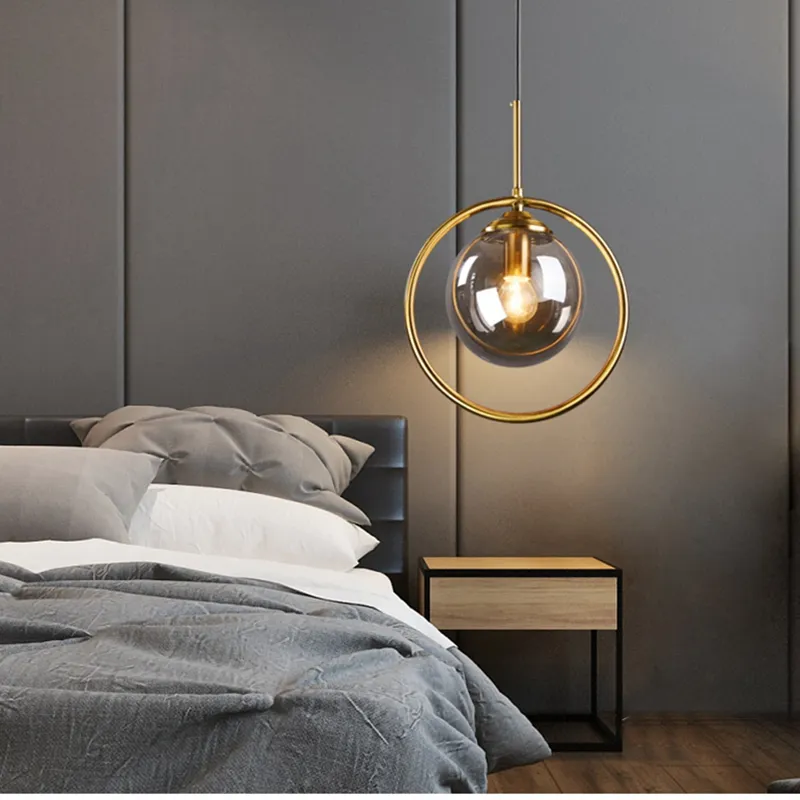 Loft Lampada a sospensione moderna Lampada da comodino Lampada a sospensione Isola della cucina Sospensione Camera da letto Fagiolo magico Illuminazione a sfera in vetro dorato290v