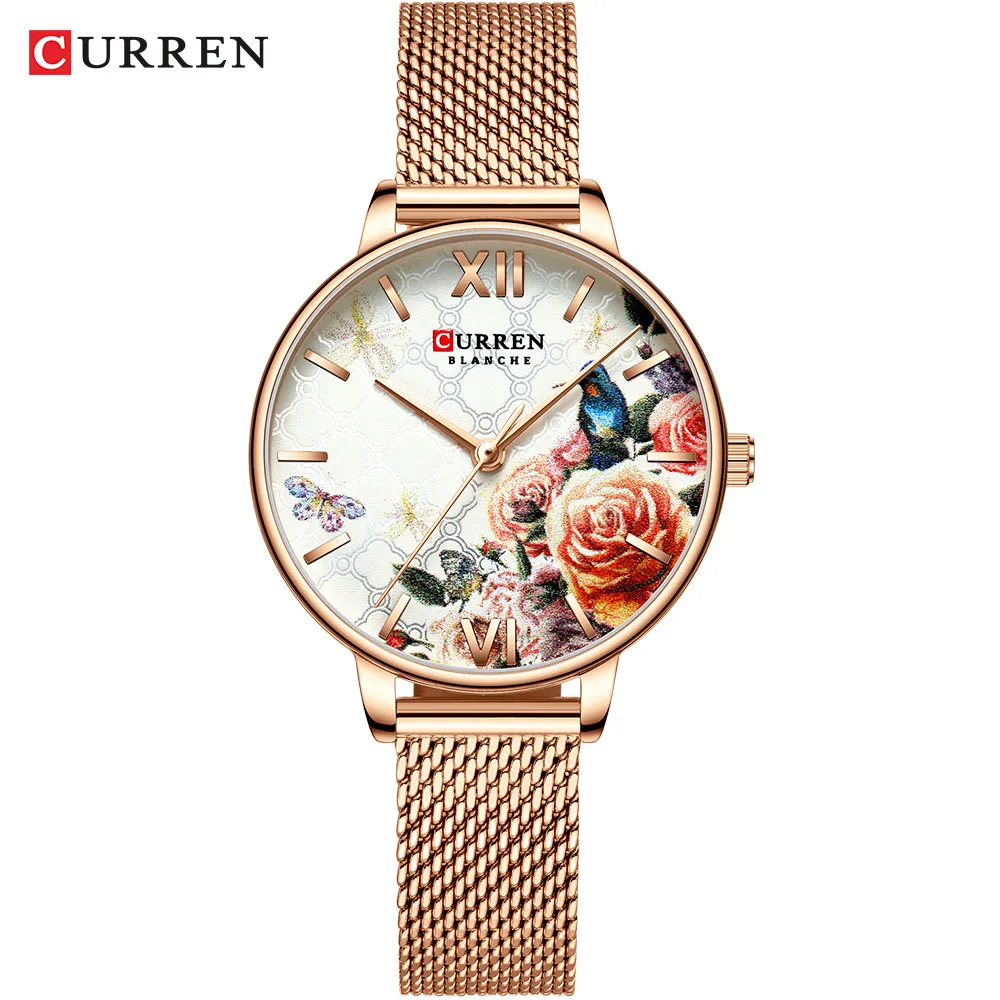 CURREN Relógios com pulseira de couro Relógio de quartzo feminino lindo relógio de pulso rosa feminino design de moda charmoso Wat324E