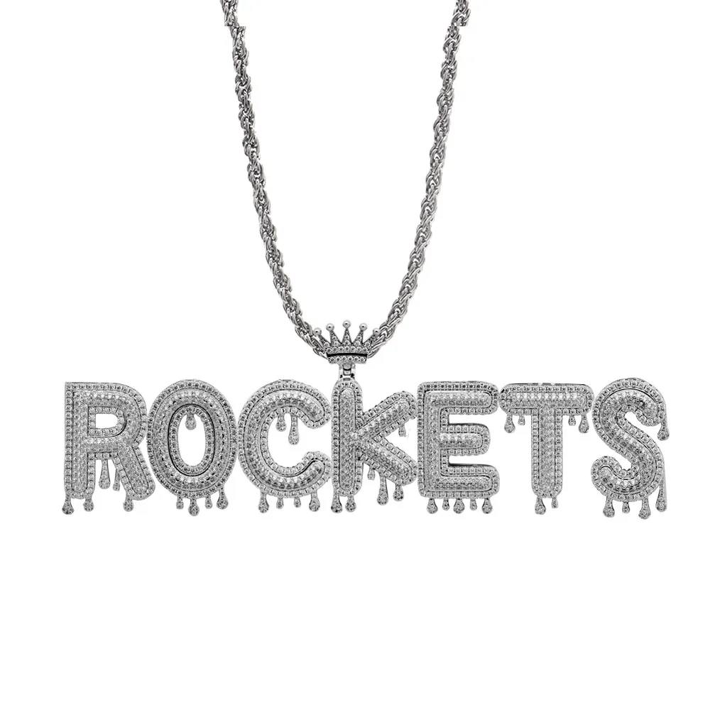 Hip Hop Custom Name Necklace Sparkling Crown Drip Letter Pendant Tennis Chain Halsband för män Kvinnor Guld Silver230C