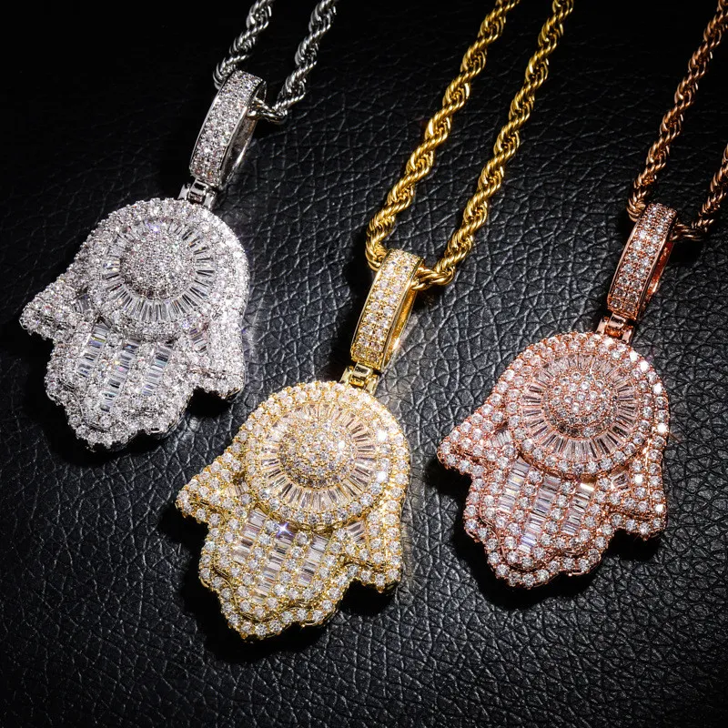 Hip Hop Gouden Ketting Fatima Hand Evil Eye Solid Back Hanger Ketting Iced Out Volledige Lab Diamond Heren Bling Sieraden gift2453