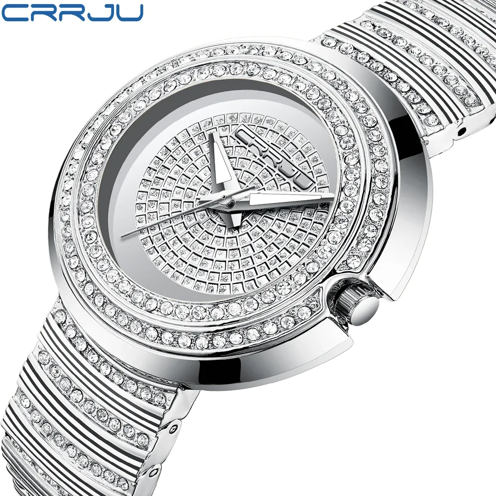 Orologi al quarzo analogici casual moda donna CRRJU Bracciale in cristallo con strass con diamanti da donna Orologio da polso Feminino regalo clock307U