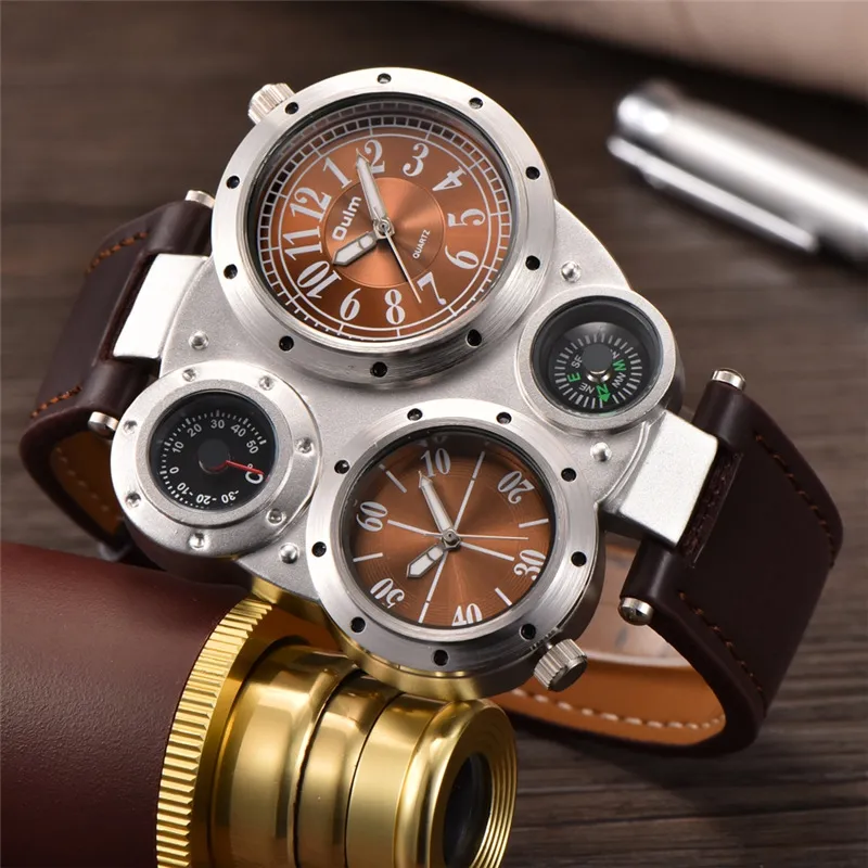 Oulm HP9415 Sport Watches Dual Time Zone Quartz Wristwatch Decorative Compass Thermometer Fashion Leather Male Watch2851