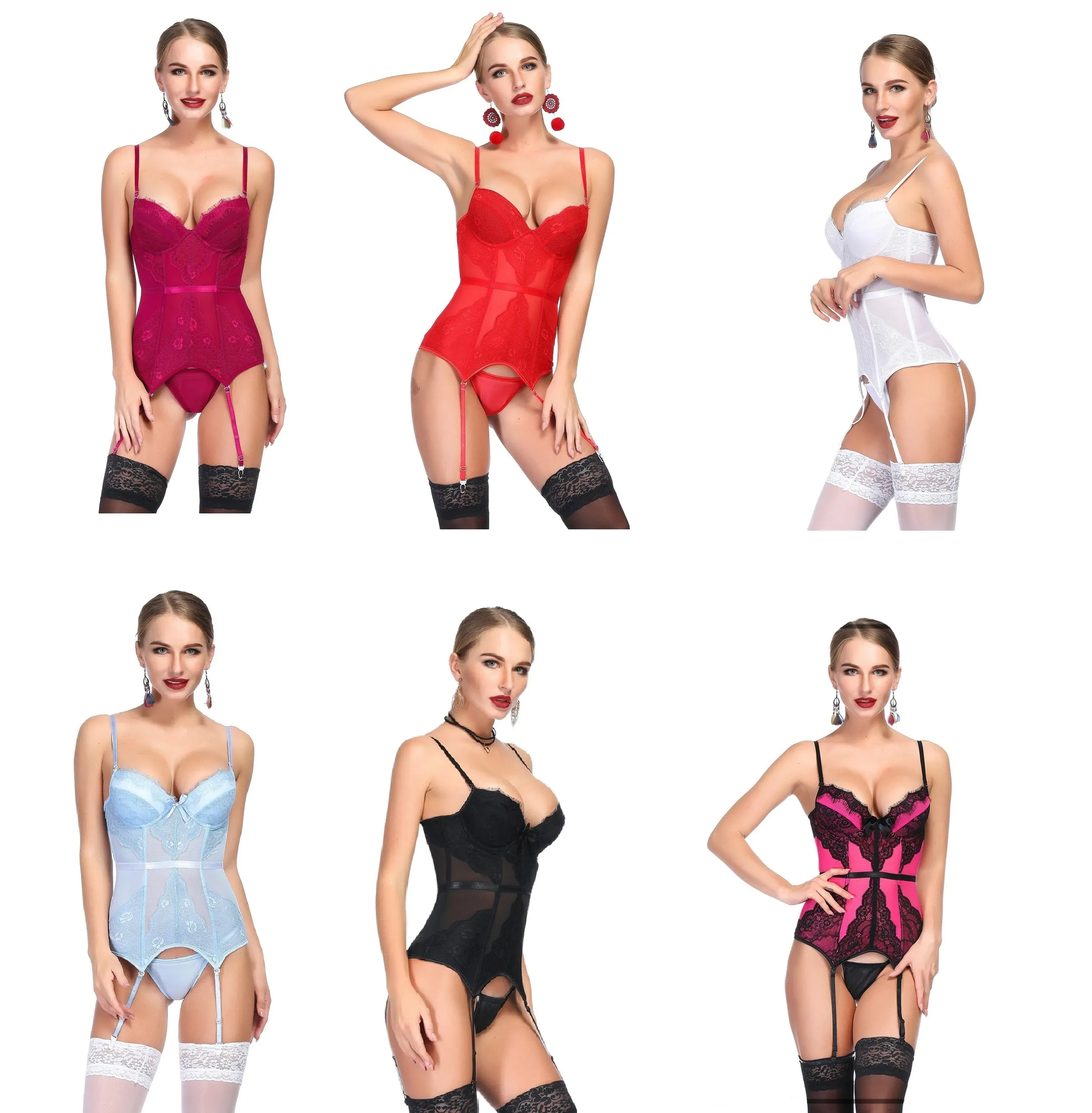 Femmes Sexy Lingerie Bustier Ensemble Basque Tentation Sous-Vêtements Érotiques Transparent Dentelle Taille Formateur Push Up Corset MX200506