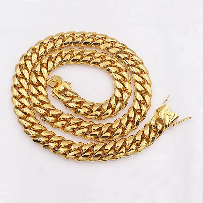 Hommes chaîne cubaine collier bijoux en acier inoxydable haute poli Hip Hop gourmette lien double fermoirs de sécurité 18K estampillé 14mm de 18inch214u