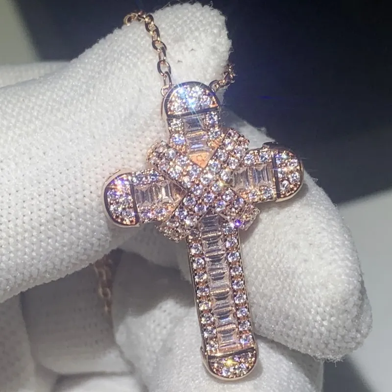 Choucong Bijoux de luxe uniques 925 Sterling SilverRose Gold Fill Full Princess Cut White Topaz CZ Diamond Cross Pendentif Clavicule 182c