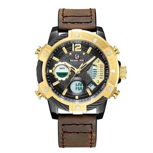 Reloj Hombre GOLDENHOUR Mode Sport Mannen Horloge erkek kol saati Digitale Lederen Mannelijke Klok Militaire Wist Horloge Relogio Masculino2760