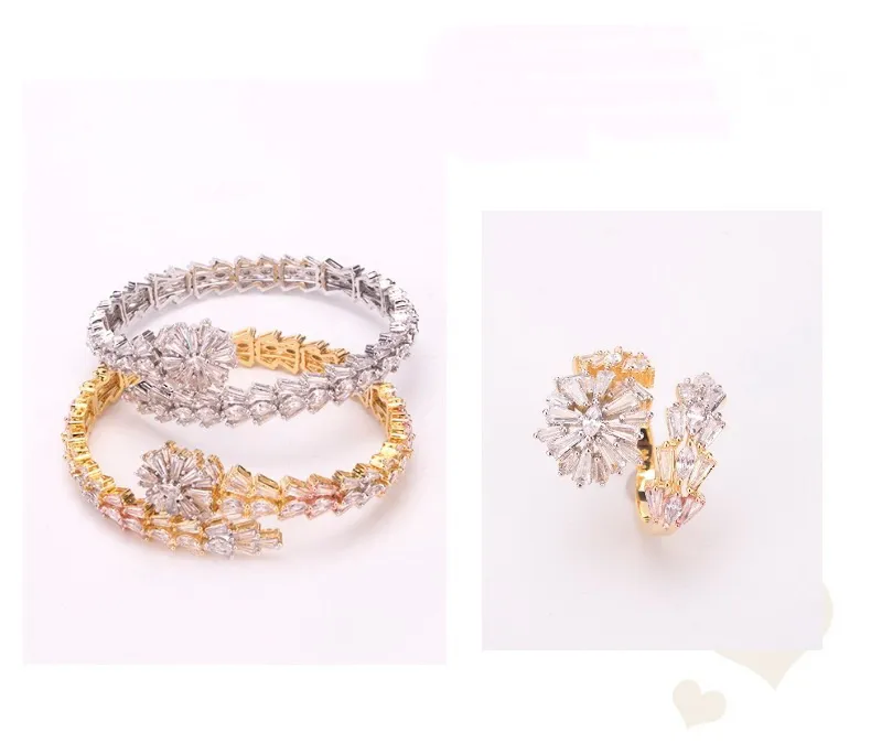 Fashion Brand Jewelry Sets Lady Brass Ladder Square Diamond Snakelike 18K Gold Wedding Engagement Open Bracelets Rings Se233j