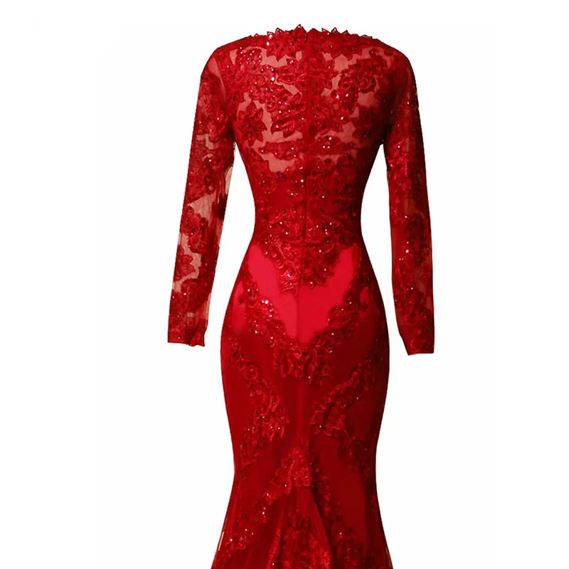 Emerald Red Lace Long Evening Dress Long Sleeves Beads Sweep Train Women Sexy Sequins Formal Pageant Gown For Prom Party219P