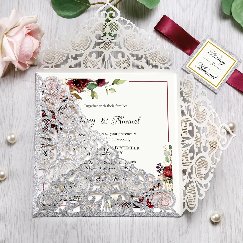 Burgundy Silver White Gold Glitter Laser Cut Wedding Invitation with Envelope Party University Invitation Card3314
