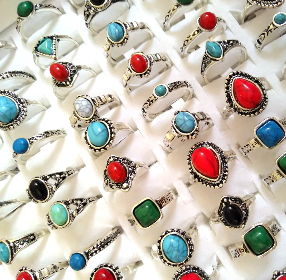 50 stks Hele Gemengde ZILVEREN Turquoise vrouwelijke vrouwen meisjes Ringen Cool Ringen Unieke mode Vintage Retro Jewelry167P