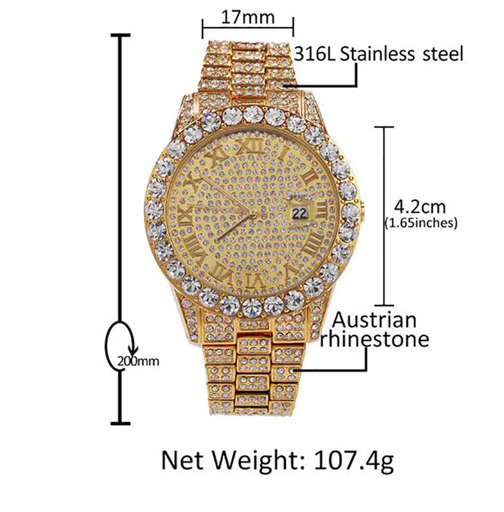 Montre en diamant de qualité pour hommes, mouvement automatique, étanche, de luxe, 42mm, en acier inoxydable 316, glacé, 2819