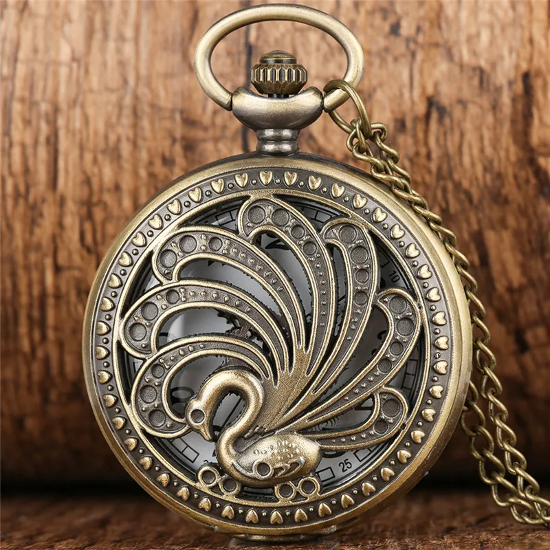 Bronze vintage oco pavão design relógio de bolso animal quratz relógios com corrente colar para mulheres homens crianças orologio da tasca2164