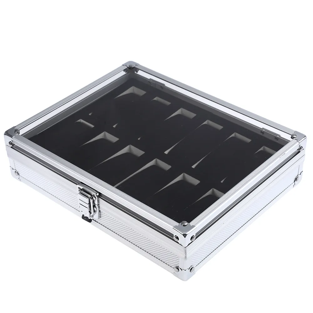 Professional 12 GRID Slots smycken Watches Display Storage Square Box Case Aluminium Suede Inside Container Jewelry Organizer333V