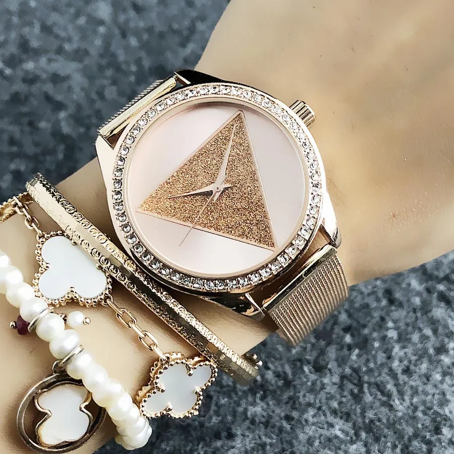 Модные наручные часы для женщин и девочек, треугольный кристаллический циферблат, кварцевые часы с металлическим стальным ремешком GS22291N