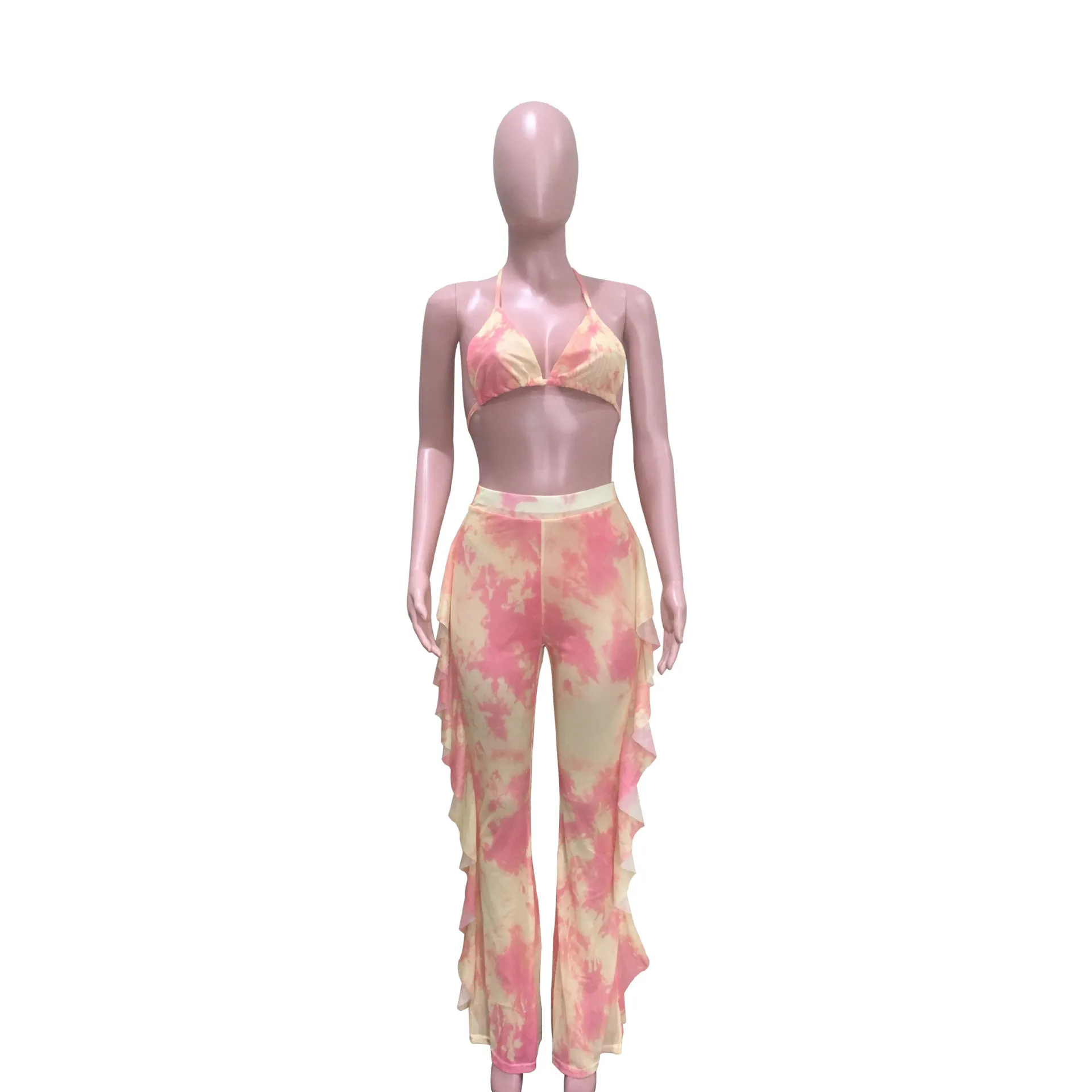 Femmes Tie Dye maillots de bain Deux Pièces Tenues ROSE Galaxy Imprimer Mesh Bikini Ensemble Bien que Halter Soutien-Gorge Top Ruffles Splicing Pantalon Costume