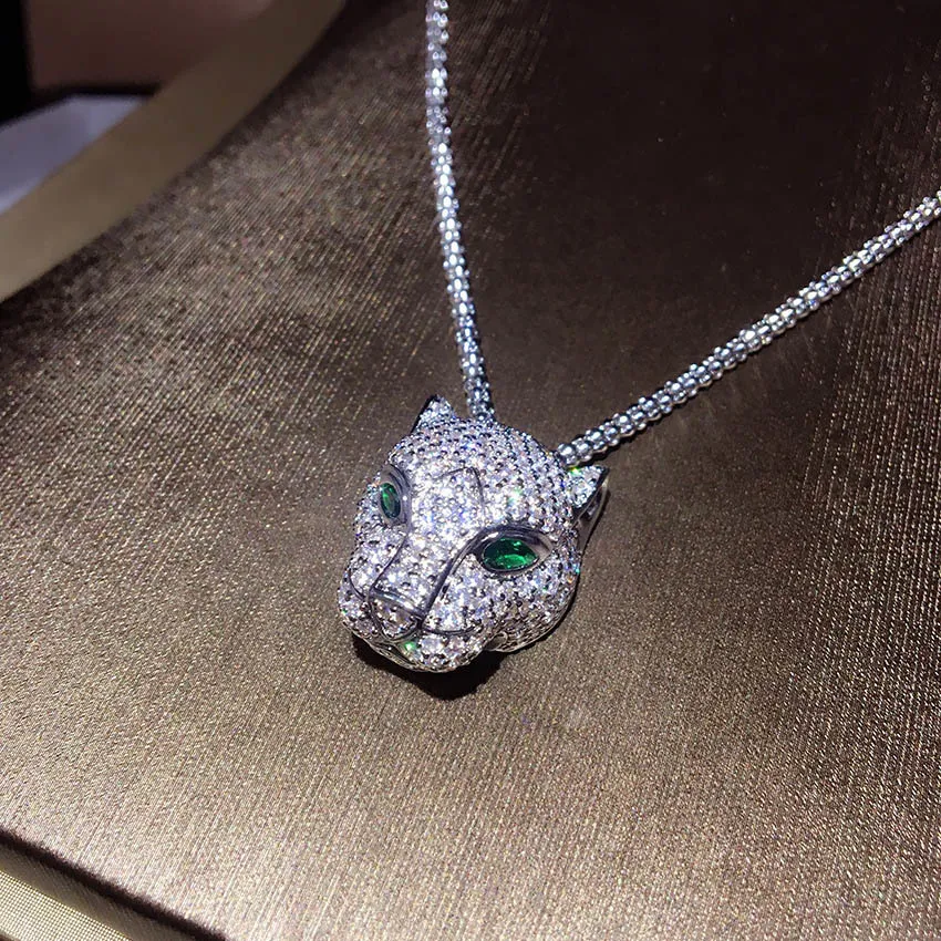 Nouveau pur 925 en argent sterling mode Zircon léopard collier bijoux de fête luxueux or blanc tête de léopard chaîne de chandail J190713192Q