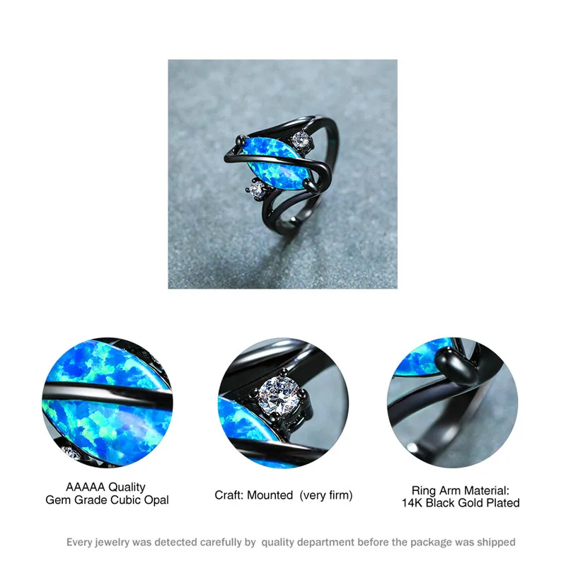 Stile unico Female Blue Opal Stone Ring Anelli matrimoni in oro nero vintage donne promettono amore fidanzamento anello278p