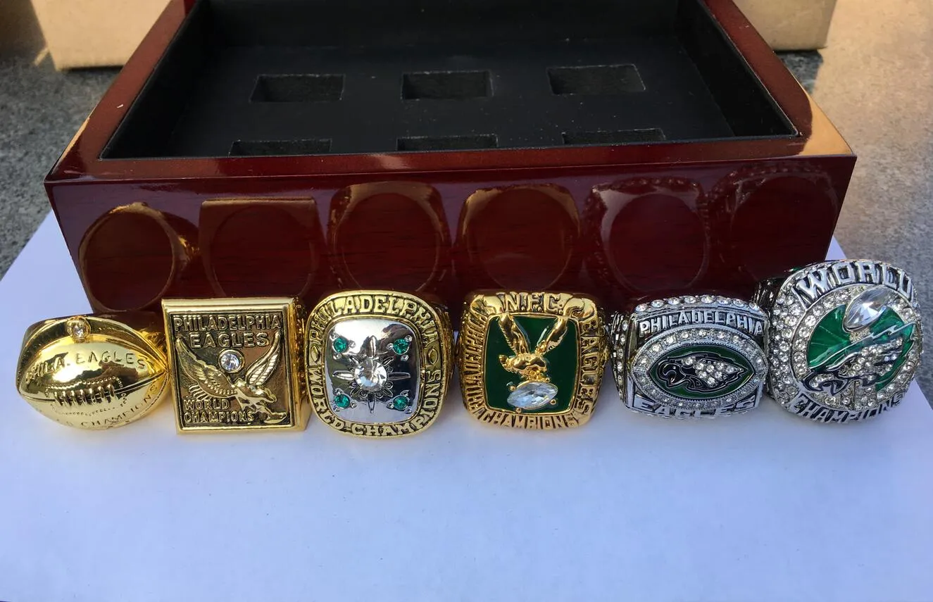 Philadelphia 6st Eagle American Football Team Champions Championship Ring Set med trälåda souvenir män fan gåva 2019