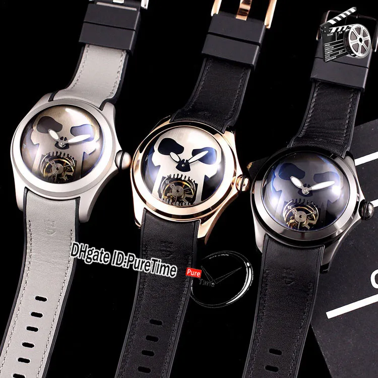 Neue 45-mm-Admiral's Cup Bubble Automatik-Tourbillon-Herrenuhr, Stahlgehäuse, graues Zifferblatt, silberner Totenkopf, graues Leder, Kautschukuhren P237g