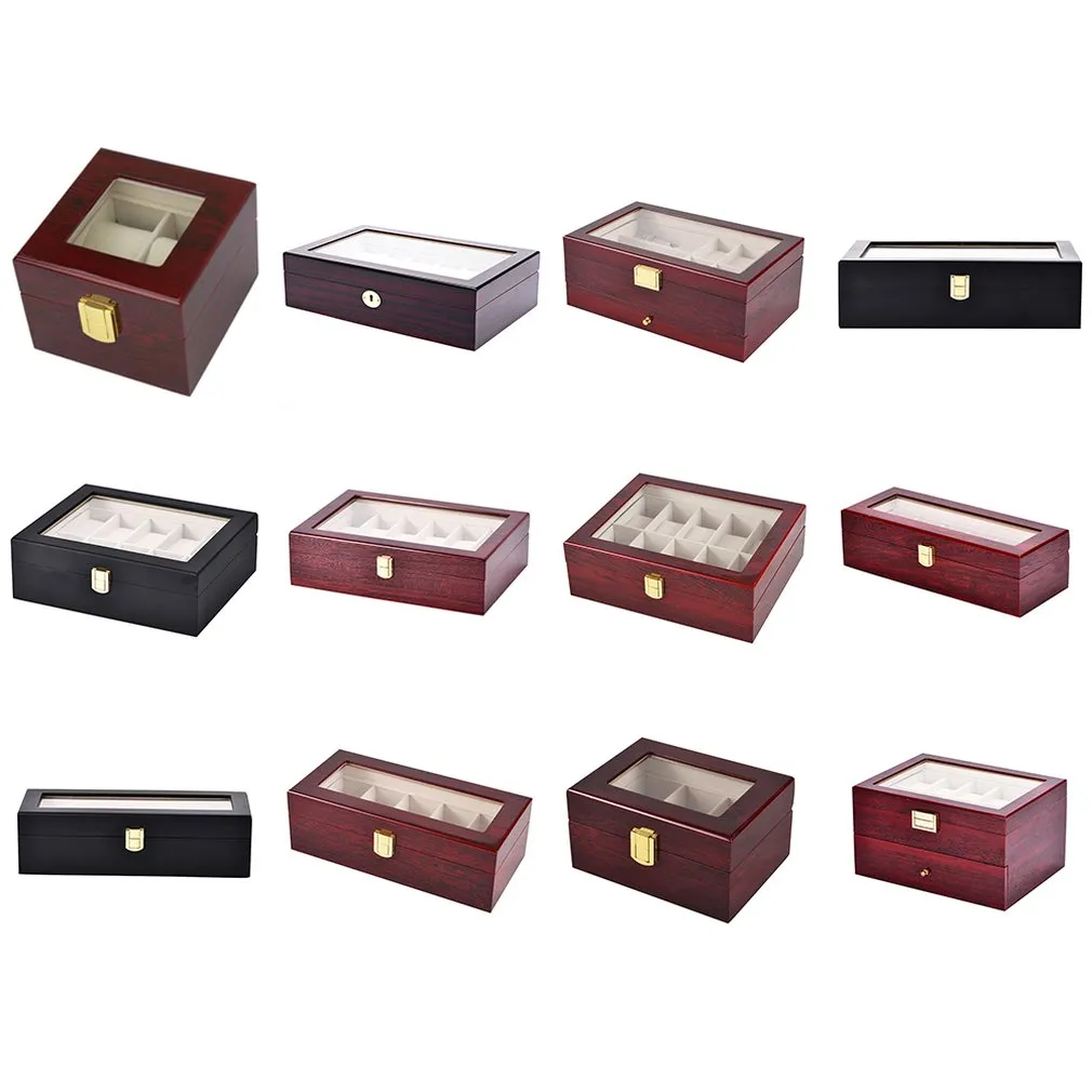 2 3 5 6 10 12 Slots Watch Box Storage With Red Black Wooden Glass Case Bracelet Display Casket Watches Holder Casket 2 3092