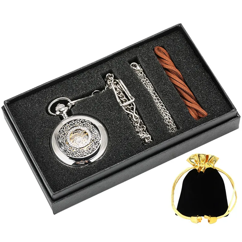 Bronze Vintage Skelett Mechanische Handwicklung Unisex Taschenuhr Arabische Zahlen Analoge Zifferblatt Uhren für Männer Frauen Geschenkset210i